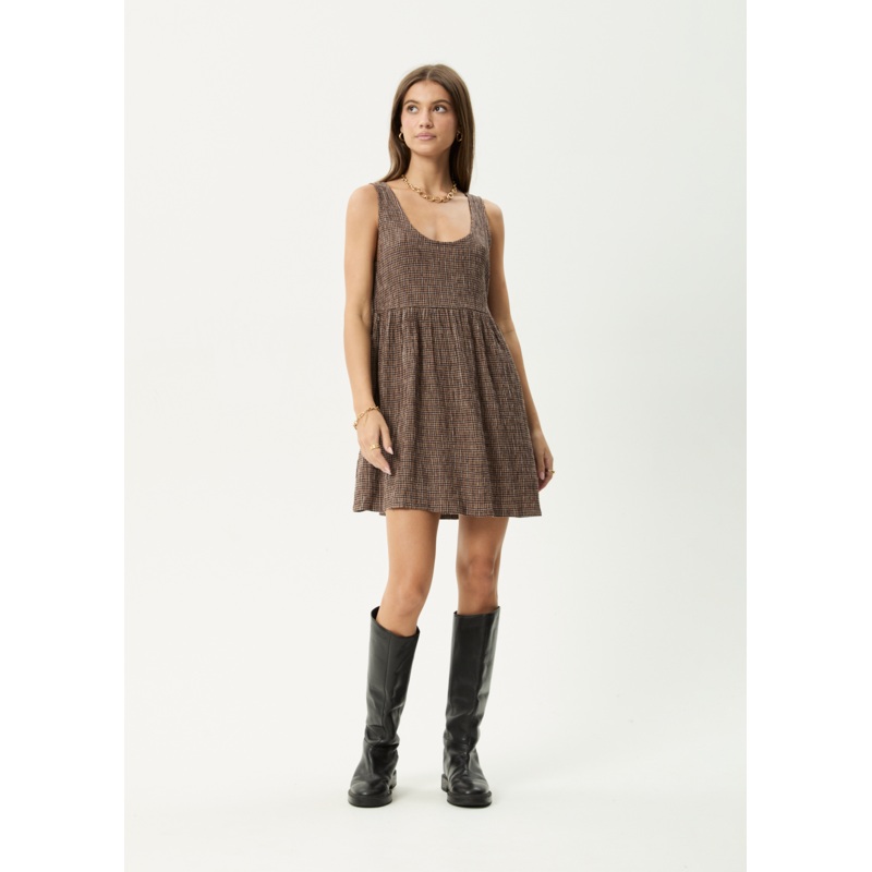 AFENDS Womens Hometown Jesse – Seersucker Mini Dress – Coffee