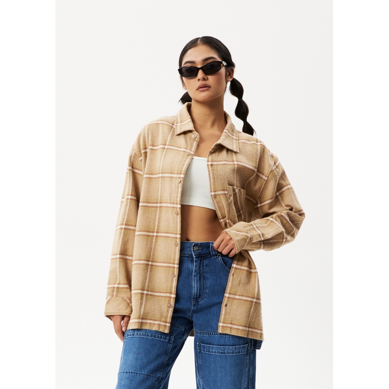 AFENDS Mens Sandstorm – Flannel Long Sleeve Shirt – Camel Check