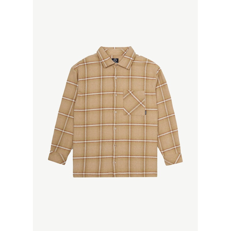 AFENDS Mens Sandstorm – Flannel Long Sleeve Shirt – Camel Check