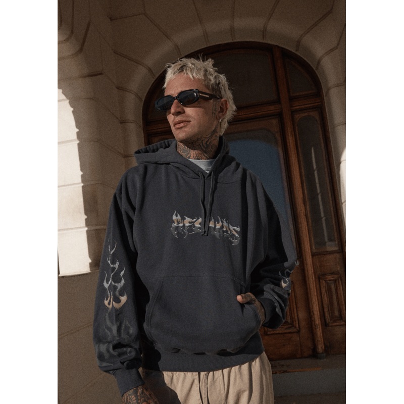 AFENDS Mens Scorched – Boxy Hoodie – Charcoal