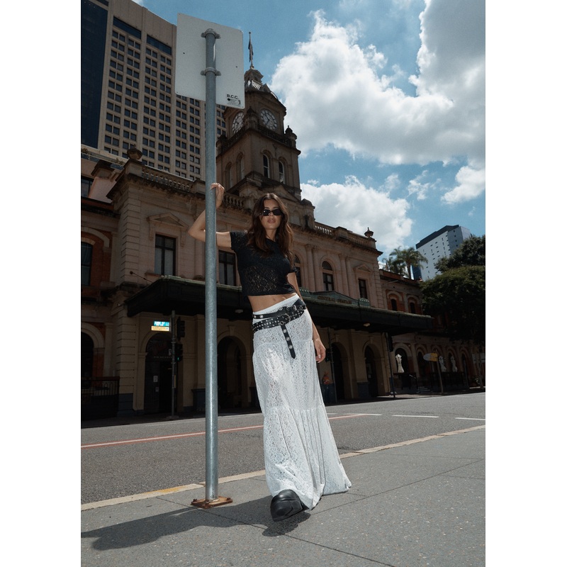 AFENDS Womens Poet – Lace Maxi Skirt – White