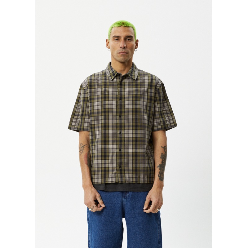 AFENDS Mens Check Out – Short Sleeve Shirt – Military Check