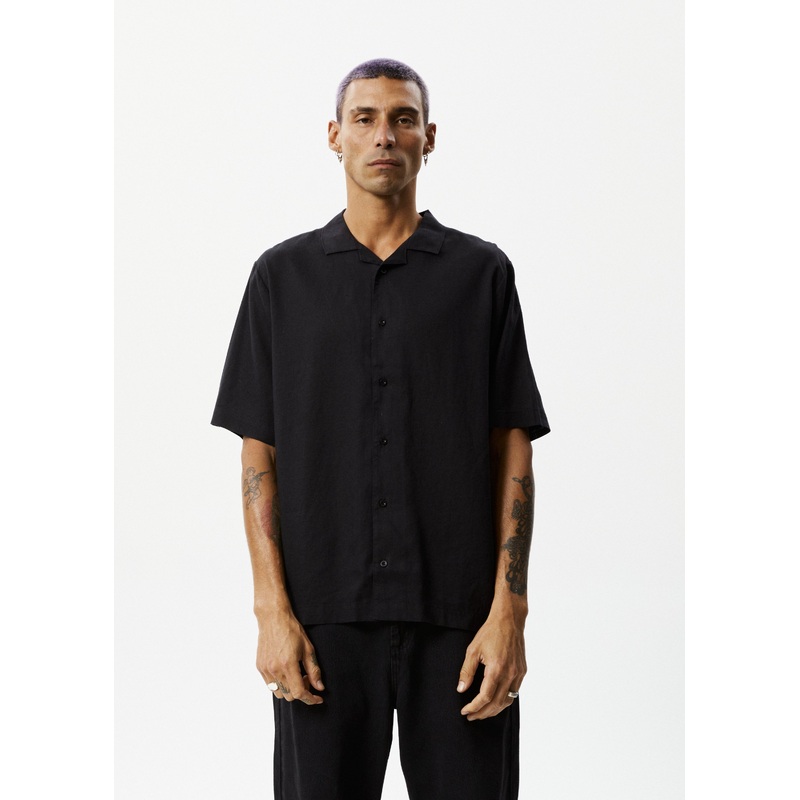 AFENDS Mens Daily – Cuban Short Sleeve Shirt – Black