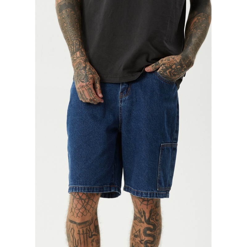 AFENDS Mens Scorched Harper – Denim Baggy Workwear Short 22 – Authentic Blue