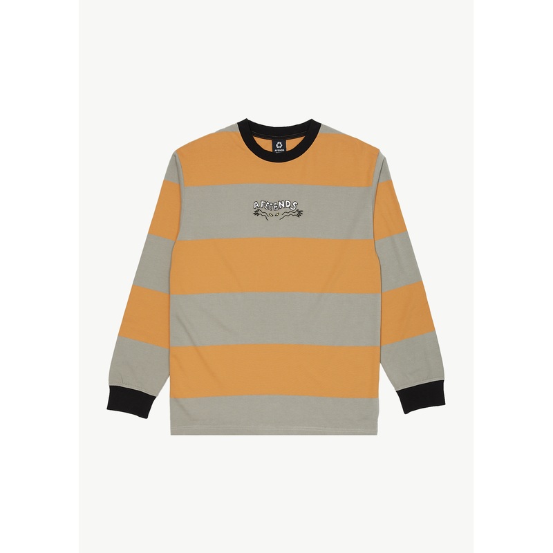 AFENDS Mens Space – Striped Long Sleeve Logo Tee – Mustard Stripe