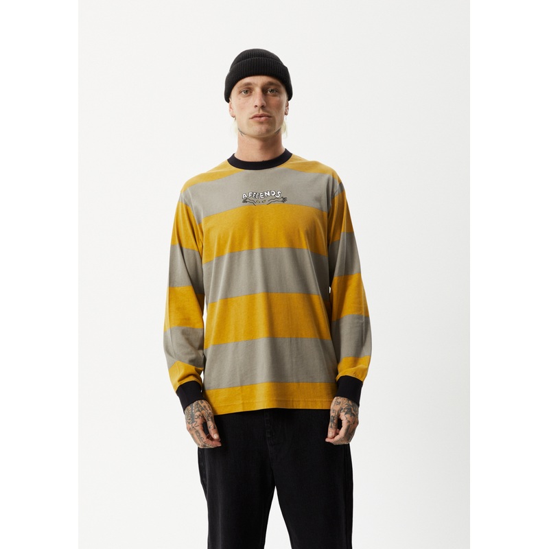 AFENDS Mens Space – Striped Long Sleeve Logo Tee – Mustard Stripe