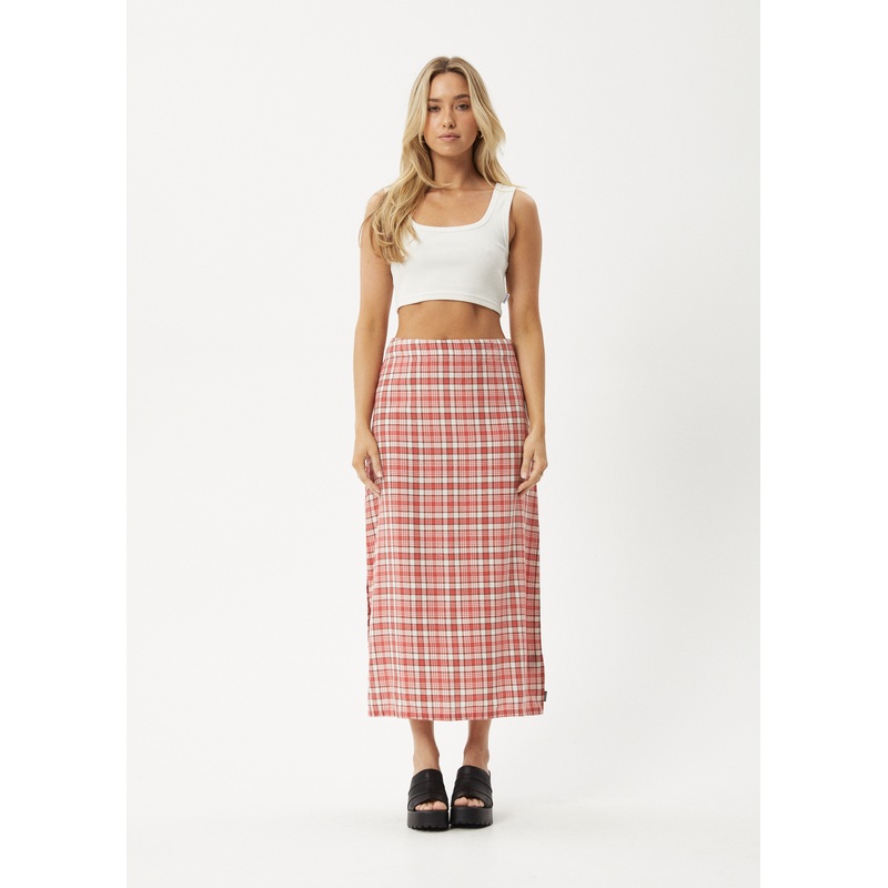AFENDS Womens Check Out – Midi Skirt – Red Check