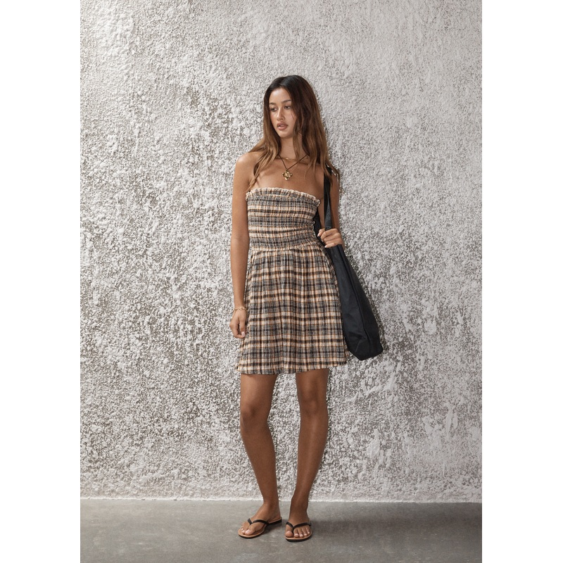 AFENDS Womens Check Out – Seersucker Strapless Dress – Moonbeam Check