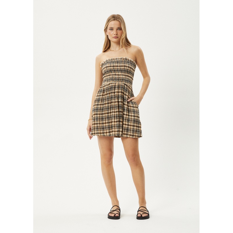 AFENDS Womens Check Out – Seersucker Strapless Dress – Moonbeam Check
