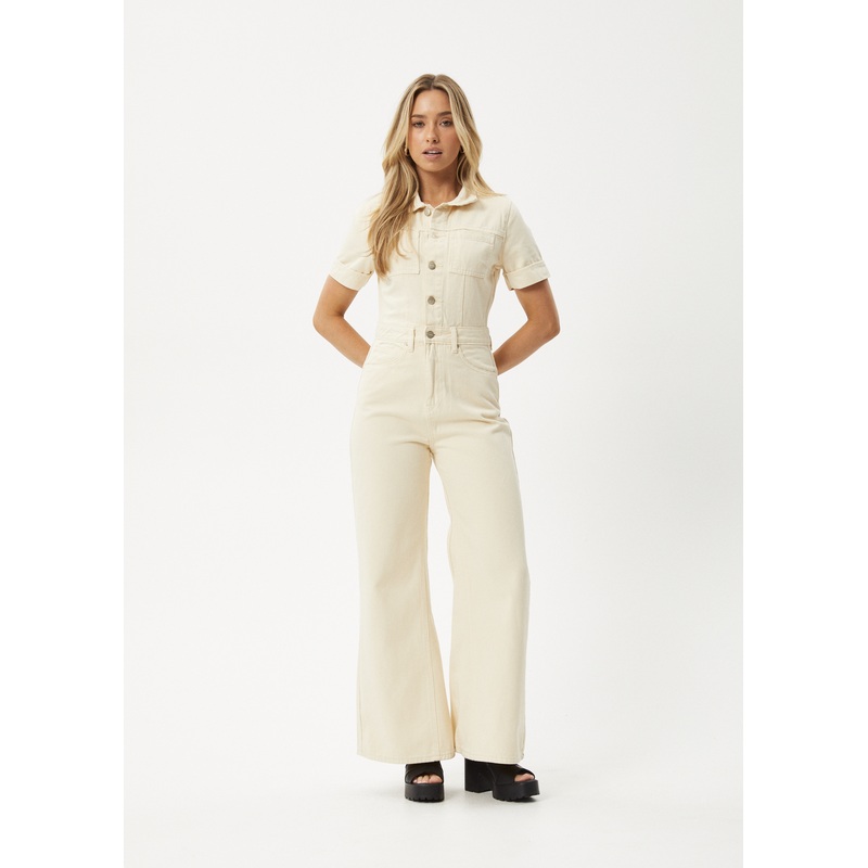 AFENDS Womens Miami – Denim Flared Jumpsuit – Sand