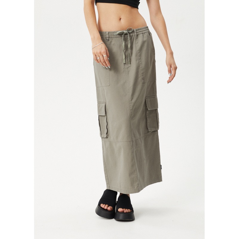 AFENDS Womens Tasman – Cargo Maxi Skirt – Grey Olive