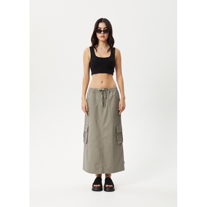 AFENDS Womens Tasman – Cargo Maxi Skirt – Grey Olive