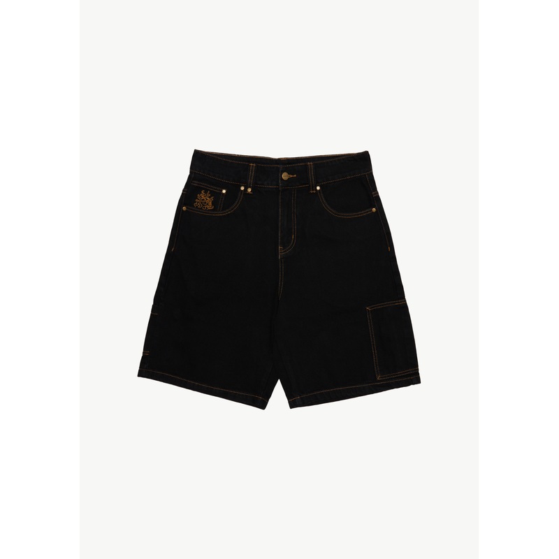 AFENDS Mens Scorched Harper – Denim Baggy Workwear Short 22 – Washed Black
