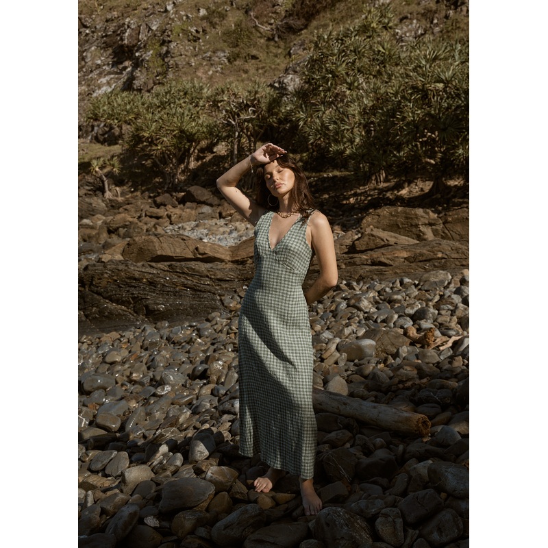 AFENDS Womens Base – Seersucker Maxi Dress – Deep Green Check