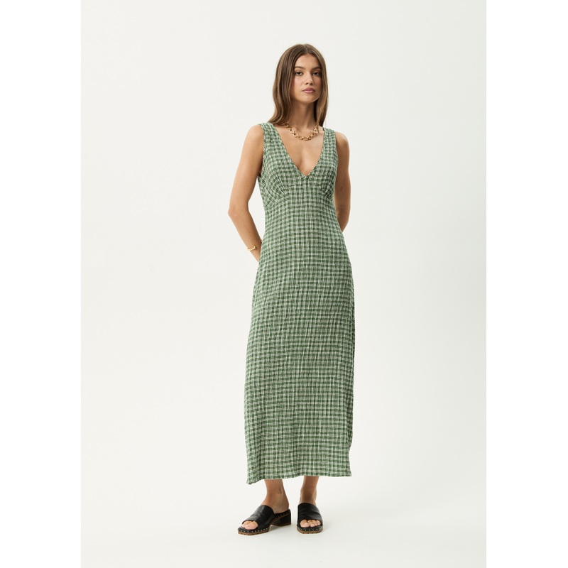 AFENDS Womens Base – Seersucker Maxi Dress – Deep Green Check