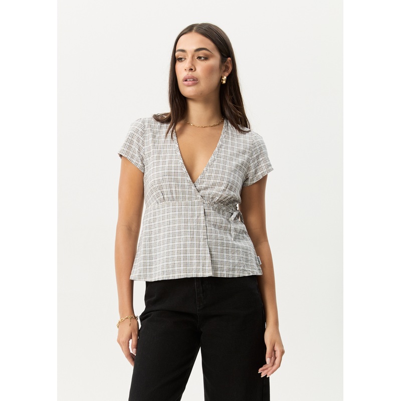 AFENDS Womens Drew – Seersucker Tie Top – Taupe Check