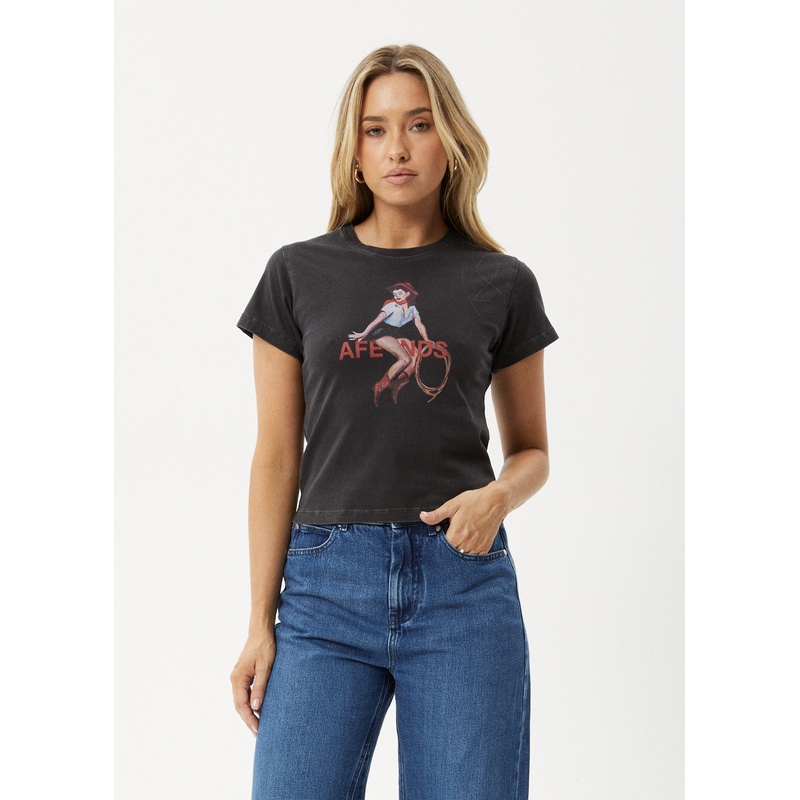 AFENDS Womens Sweet West – Baby Tee – Stone Black