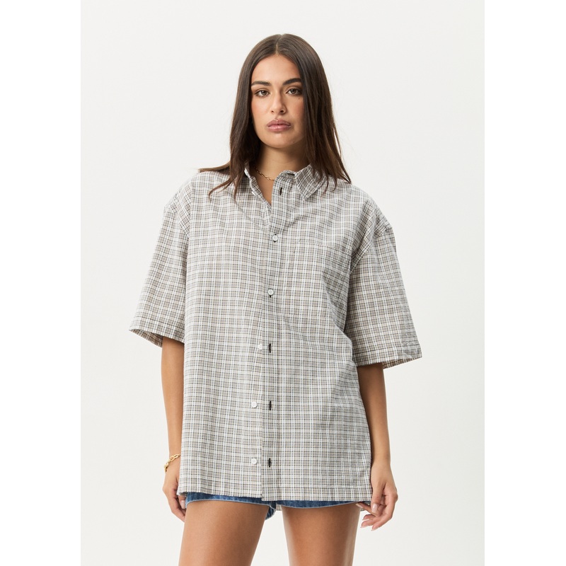 AFENDS Mens Drew – Seersucker Short Sleeve Shirt – Taupe Check