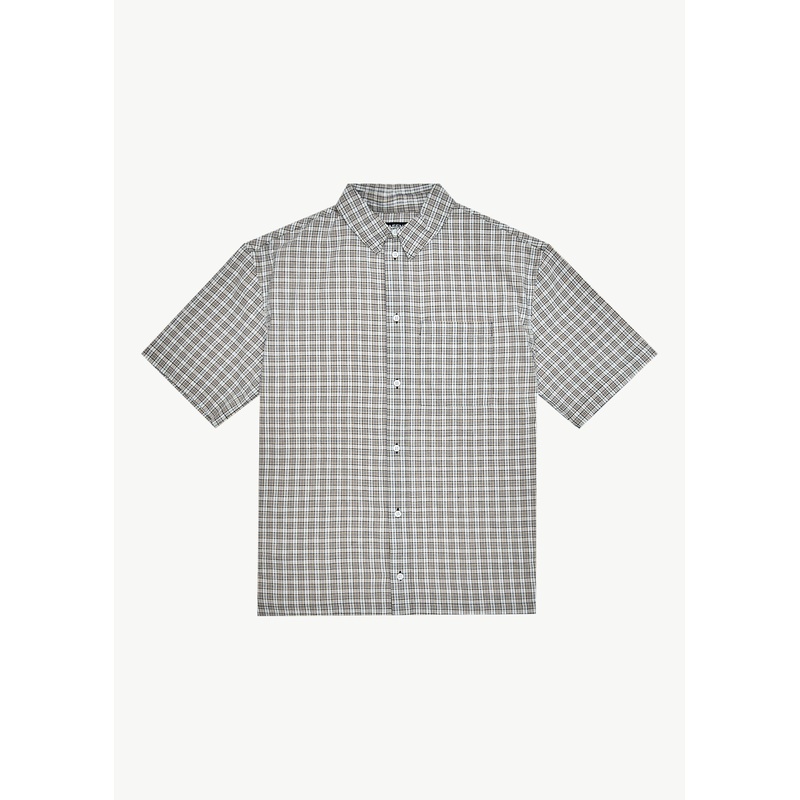 AFENDS Mens Drew – Seersucker Short Sleeve Shirt – Taupe Check