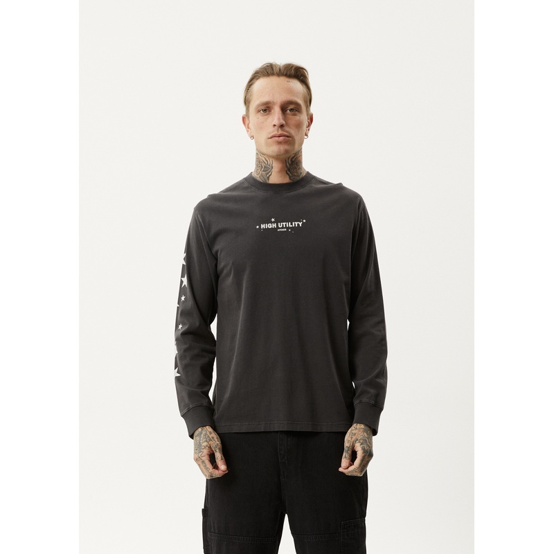 AFENDS Mens High Utility – Long Sleeve Tee – Stone Black