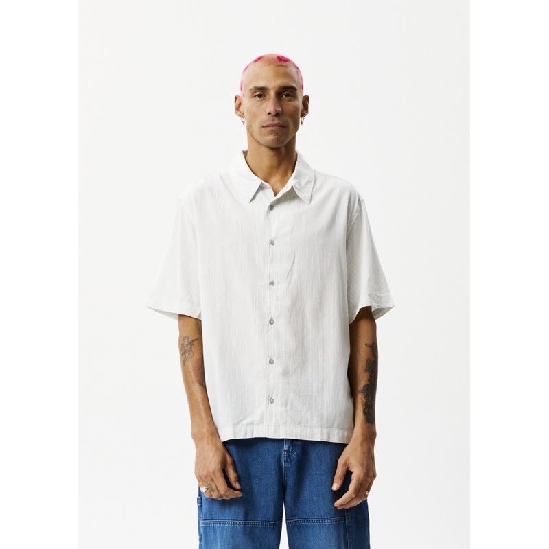 AFENDS Mens Locked Up – Striped Short Sleeve Shirt – Smoke