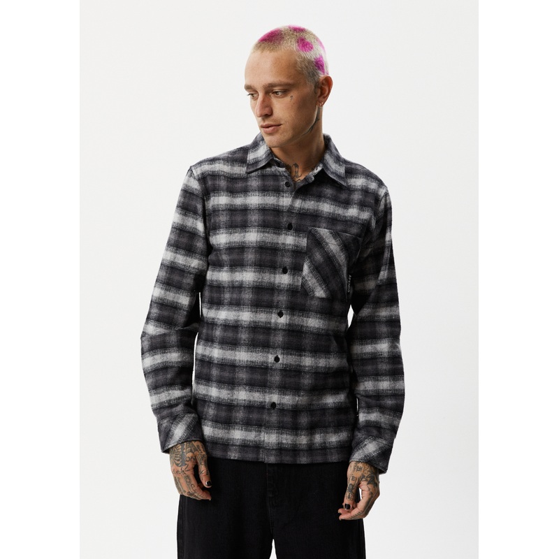 AFENDS Mens Nobody – Flannel Long Sleeve Shirt – Black