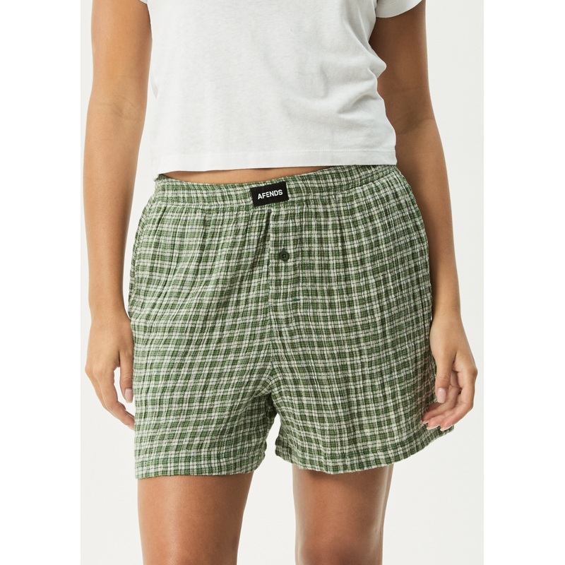 AFENDS Womens Base – Seersucker Boxer Short – Deep Green Check