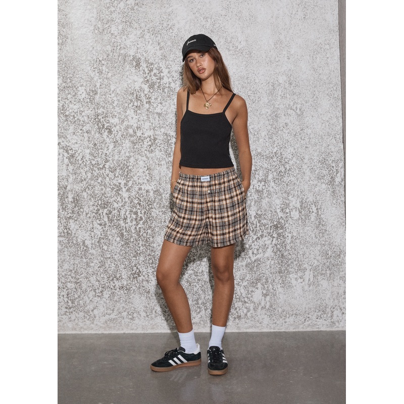 AFENDS Womens Check Out – Seersucker Boxer Short – Moonbeam Check