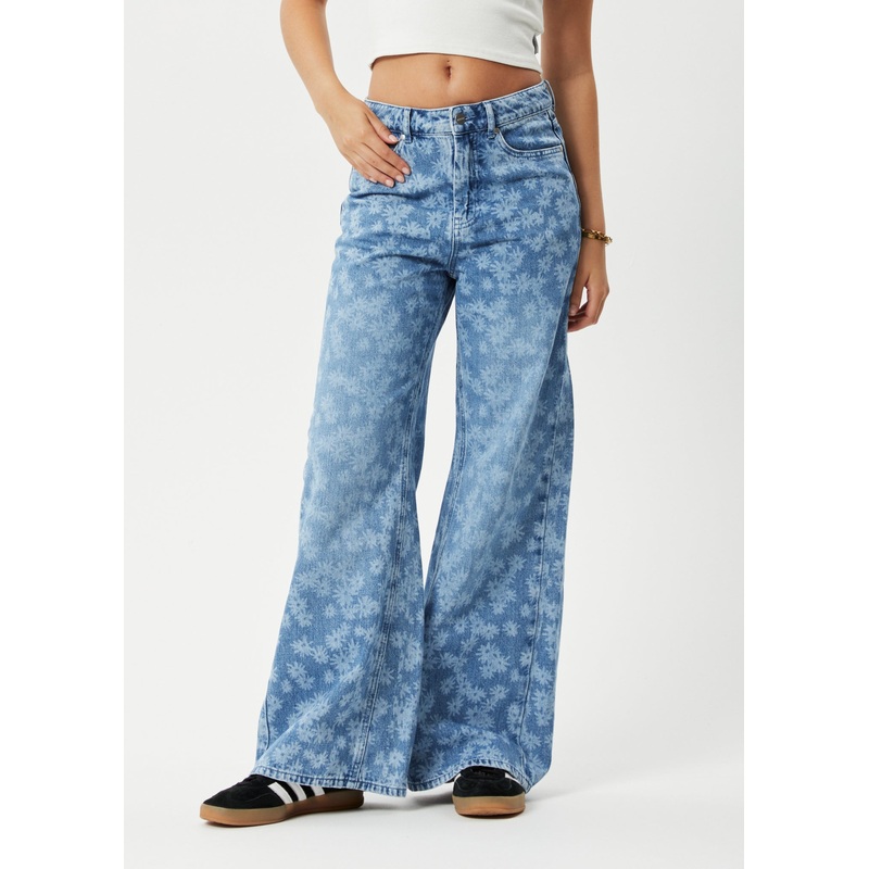 AFENDS Womens Fink Gigi – Denim Flared Jean – Worn Blue Daisy