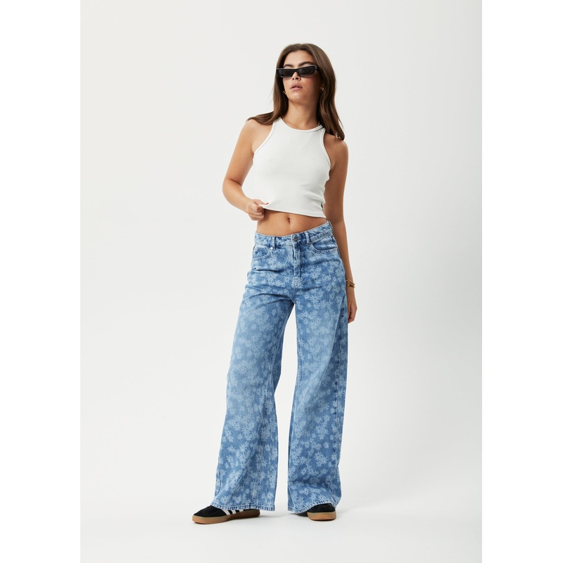 AFENDS Womens Fink Gigi – Denim Flared Jean – Worn Blue Daisy