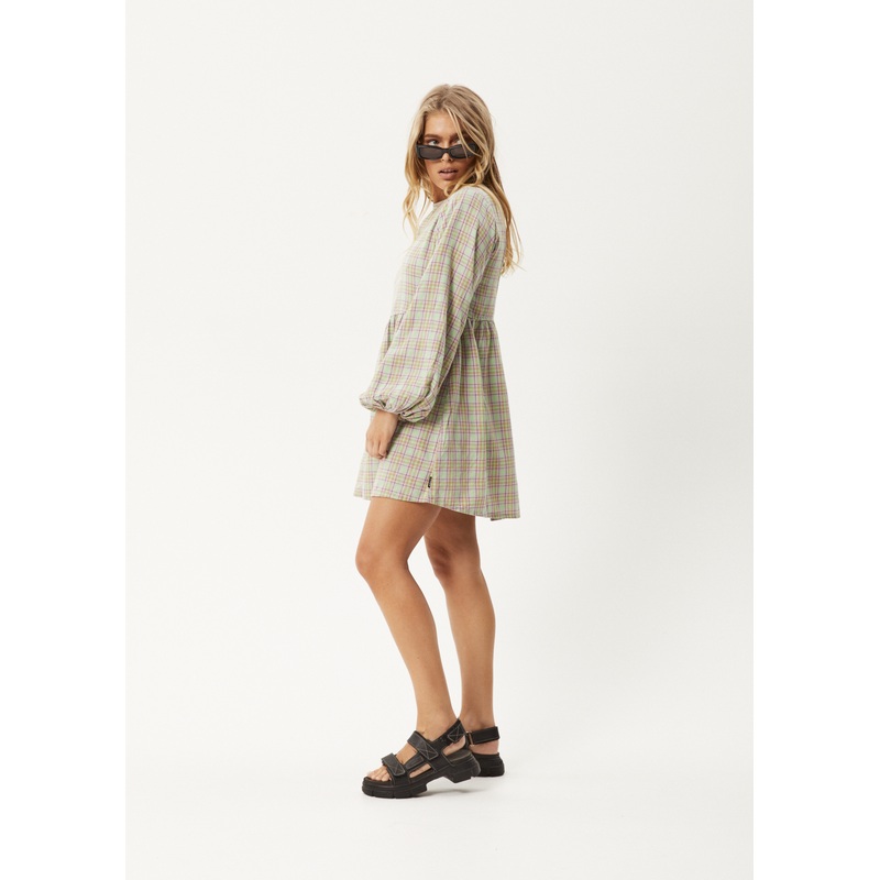 AFENDS Womens Kali – Long Sleeve Mini Dress – Pistachio Check