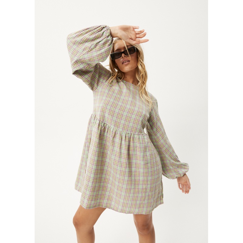 AFENDS Womens Kali – Long Sleeve Mini Dress – Pistachio Check