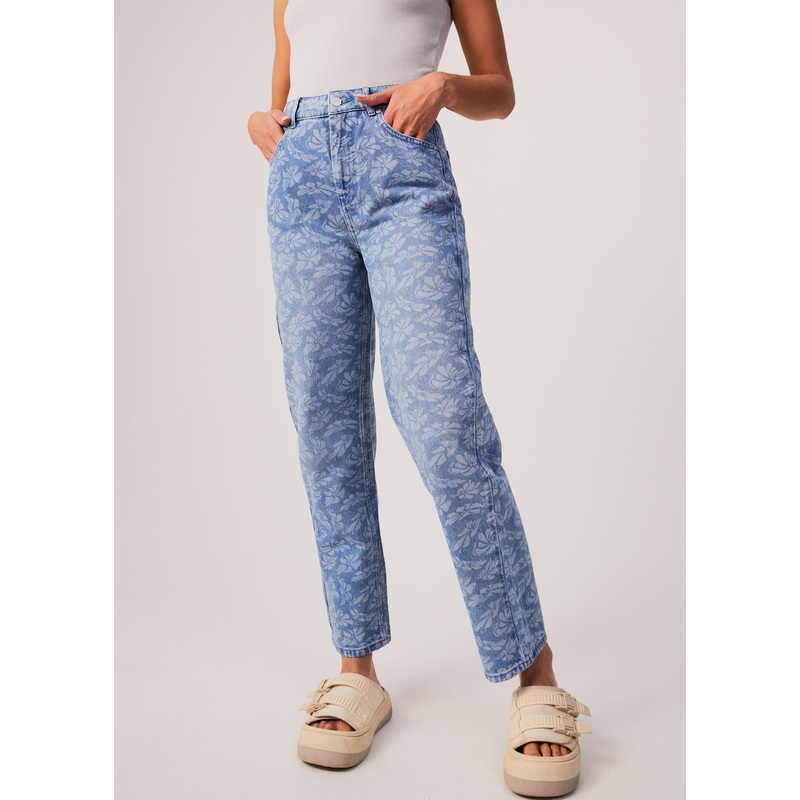 AFENDS Womens Shelby Long – Denim Floral Wide Leg Jean – Floral Blue