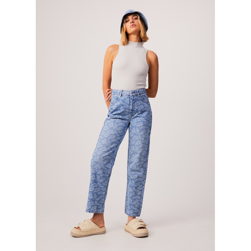 AFENDS Womens Shelby Long – Denim Floral Wide Leg Jean – Floral Blue