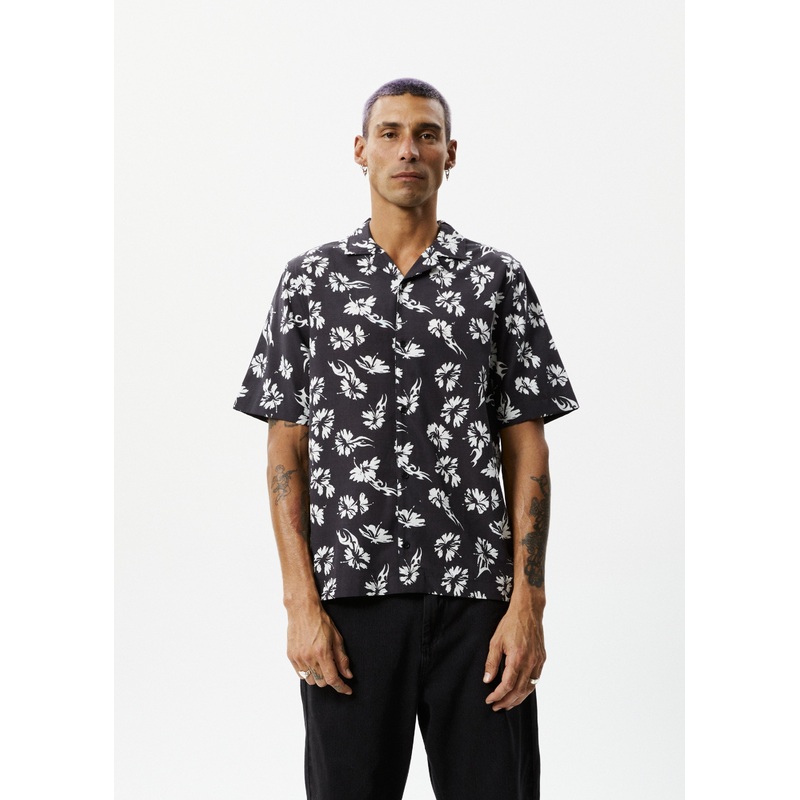 AFENDS Mens Hibiscus – Cuban Shirt – Black