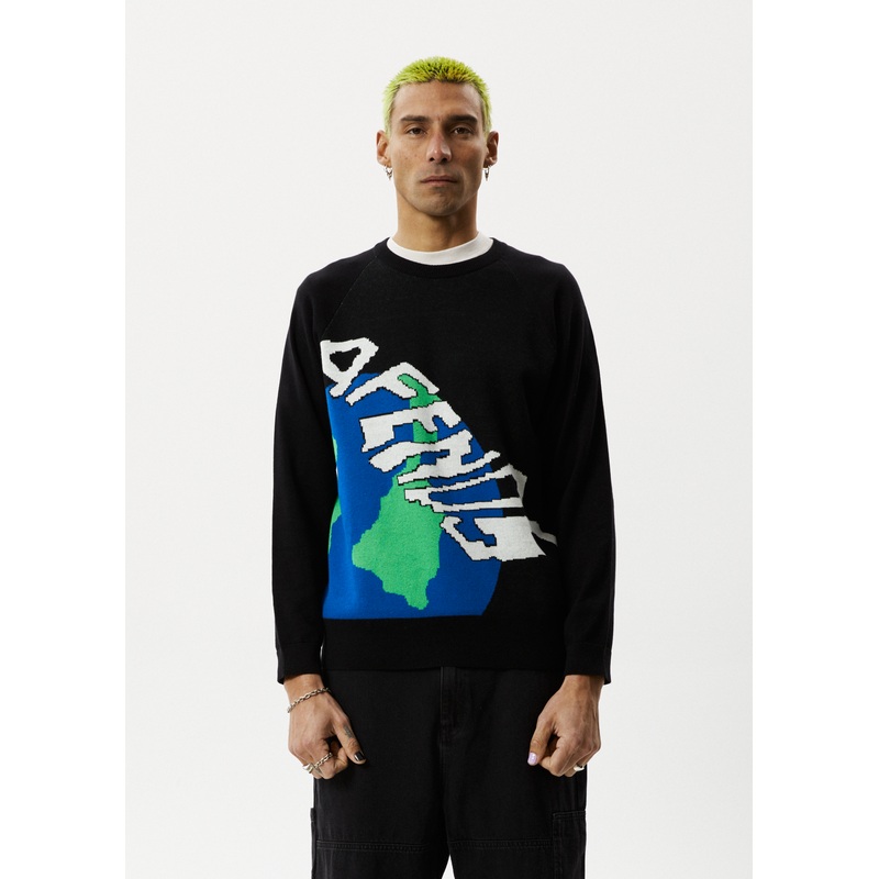 AFENDS Mens Orbital – Raglan Knitted Crew Neck Jumper – Black