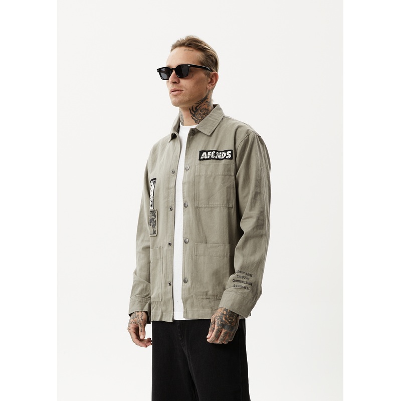 AFENDS Mens Late Start – Herringbone Work Jacket – Olive