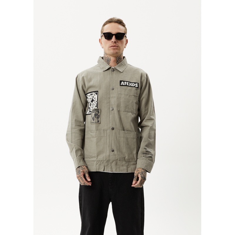 AFENDS Mens Late Start – Herringbone Work Jacket – Olive