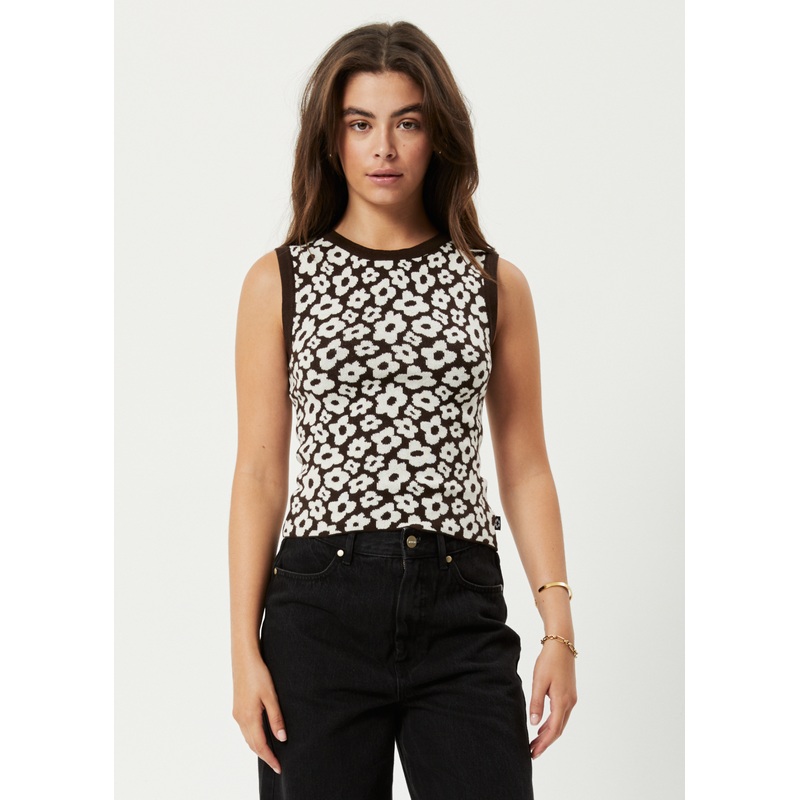 AFENDS Womens Alohaz – Knit Floral Sleeveless Top – Coffee