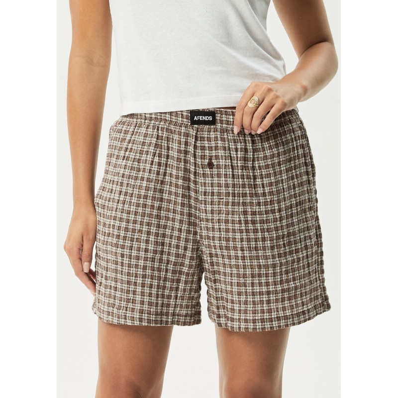 AFENDS Womens Base – Seersucker Boxer Short – Coffee Check