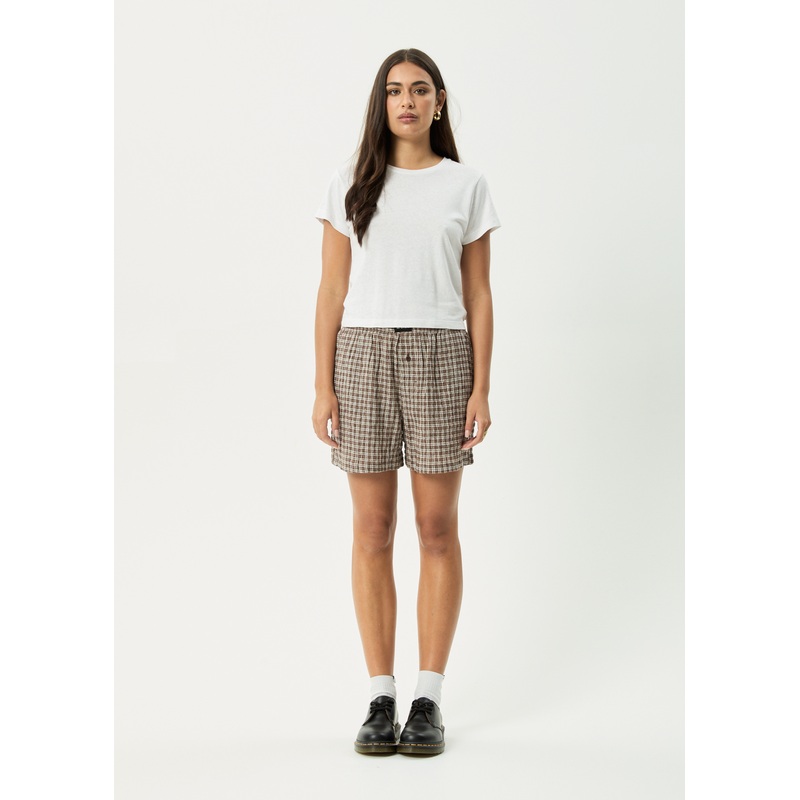 AFENDS Womens Base – Seersucker Boxer Short – Coffee Check