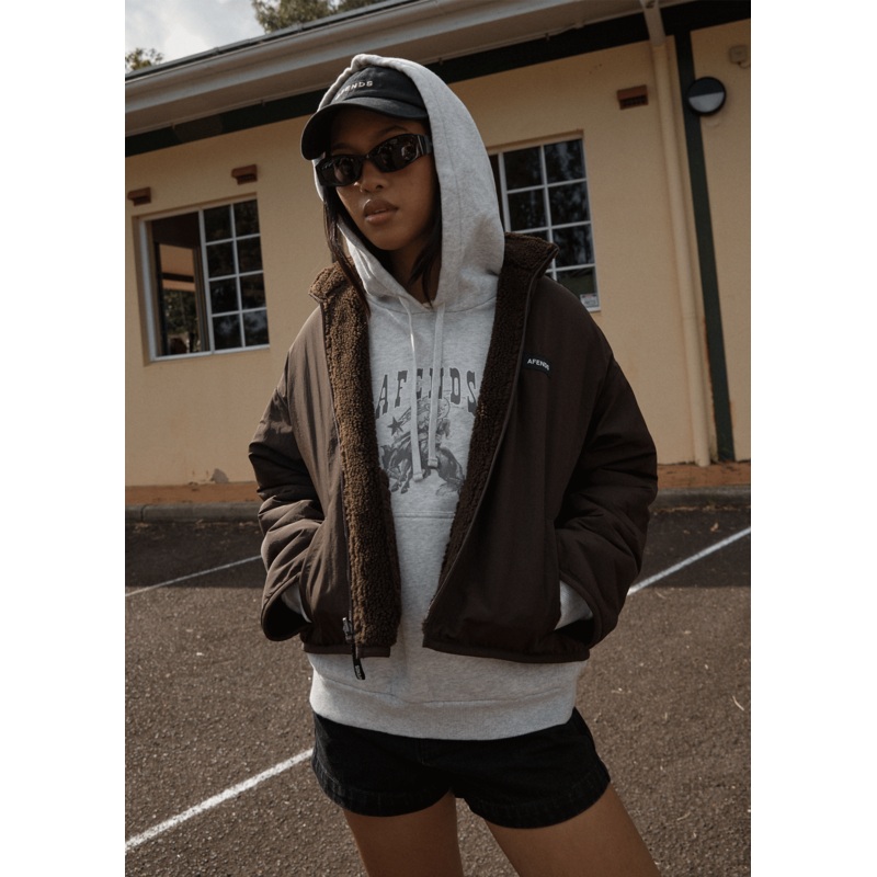 AFENDS Womens Berlin – Reversible  Polar Fleece Jacket – Coffee