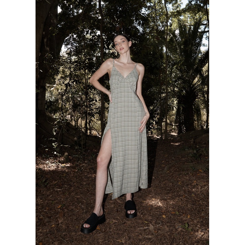 AFENDS Womens Willow Check – Maxi Dress – Military Check