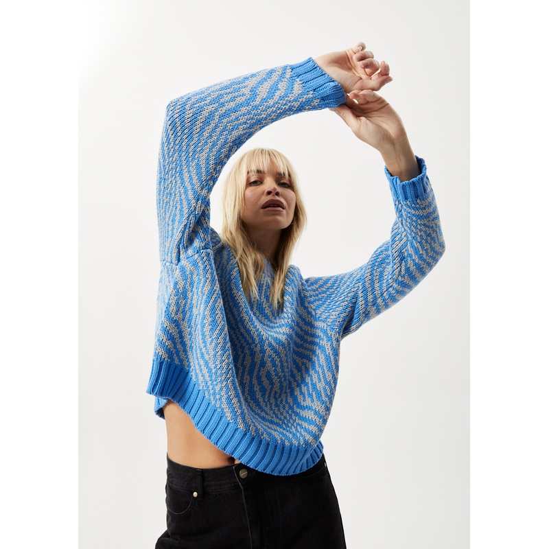 AFENDS Womens Shadows – Knitted Crew Neck Jumper – Arctic