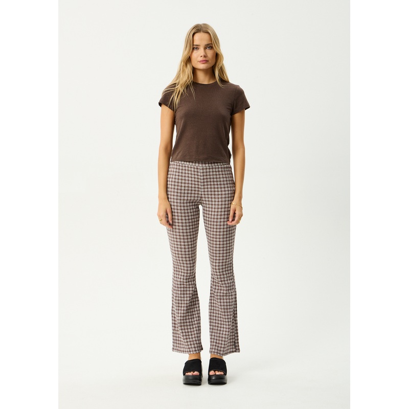 AFENDS Womens Base – Seersucker Flare Pant – Coffee Check