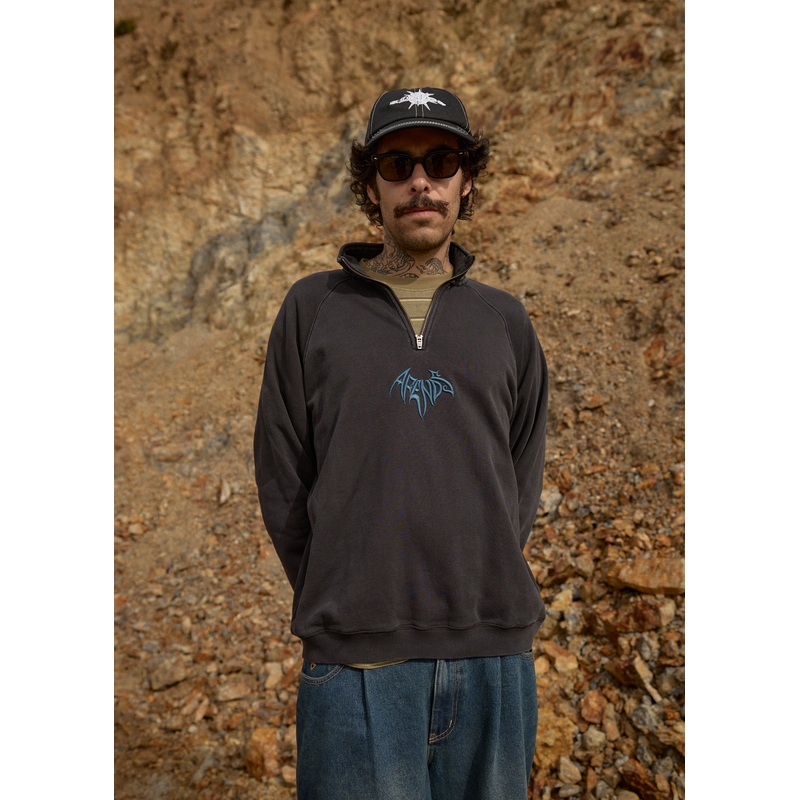 AFENDS Mens Bats – Raglan Quarter Zip Crew – Stone Black