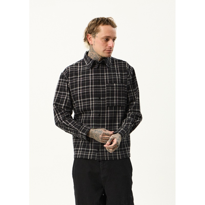 AFENDS Mens Nights – Flannel Long Sleeve Shirt – Black Check