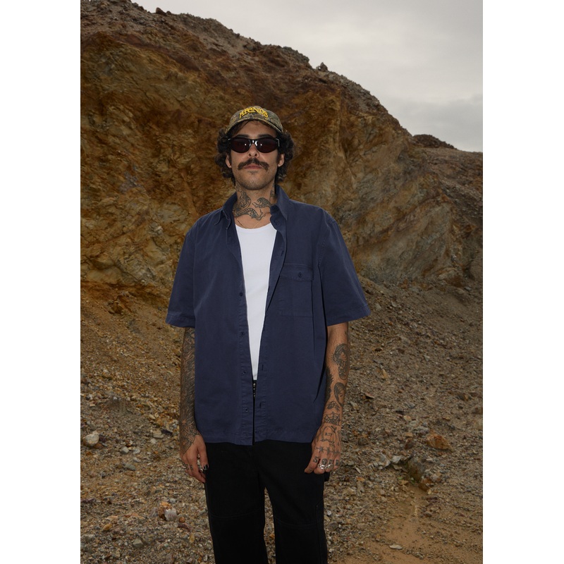 AFENDS Mens Overdie – Overdyed Short Sleeve Shirt – Deep Sea