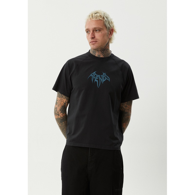 AFENDS Mens Bats – Raglan Boxy Tee – Stone Black