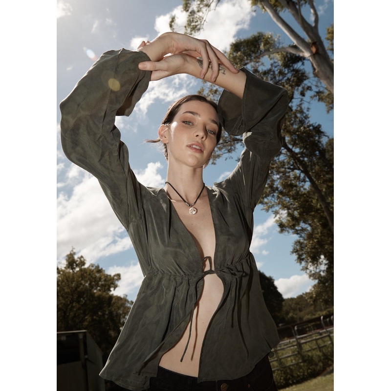 AFENDS Womens Grace – Cupro Tie Blouse – Deep Green